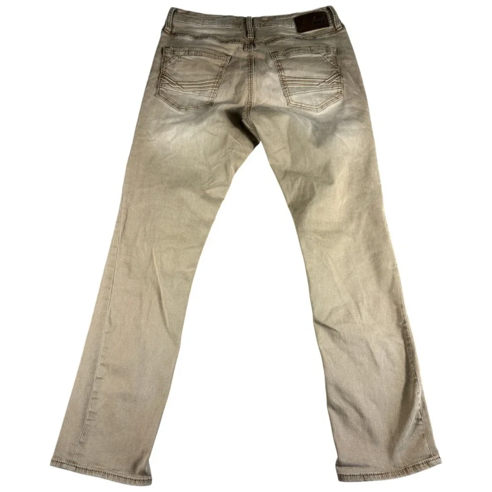 BKE Casuals Jake Straight Jeans Mens 33R Tan Khaki Denim Faded Rugged Workwear